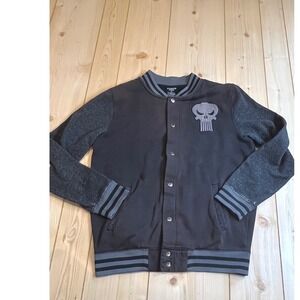 Marvel The Punisher Mens Varsity Jacket Grey Snap Front Skull Logo Fleece Medium